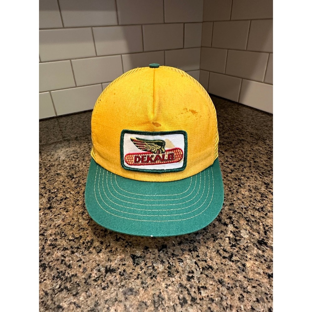 Vintage DEKALB Seed Corn Swingster Trucker Hat Snapback Yellow Greein *Read